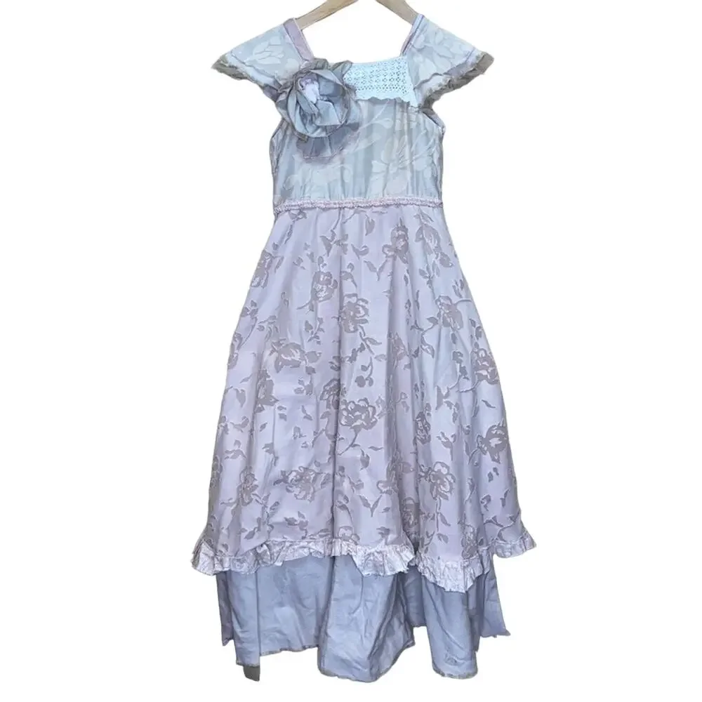 Handmade Prairie Renaissance Peasant Floral Ruffle Lace Tie Back Girls Dress 5/6